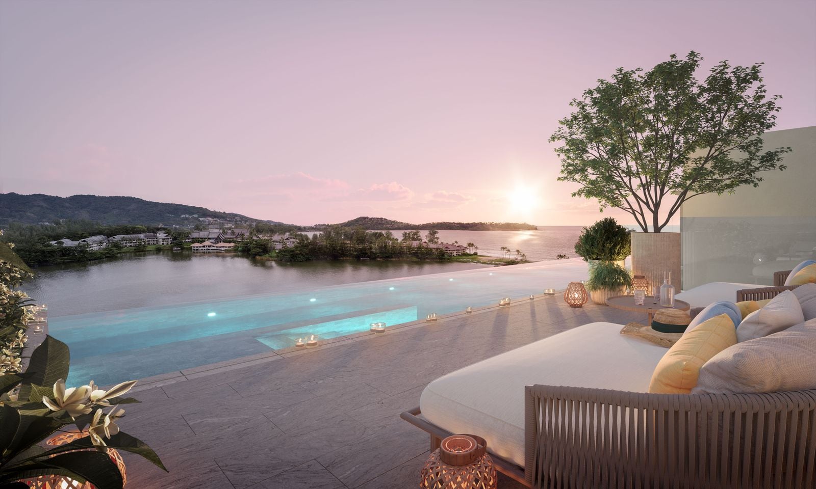 日落時分 Laguna Beach Residences Bayside 頂層單位天台平台的電腦效果圖:泳池旁有一張日床,遠處是潟湖與大海