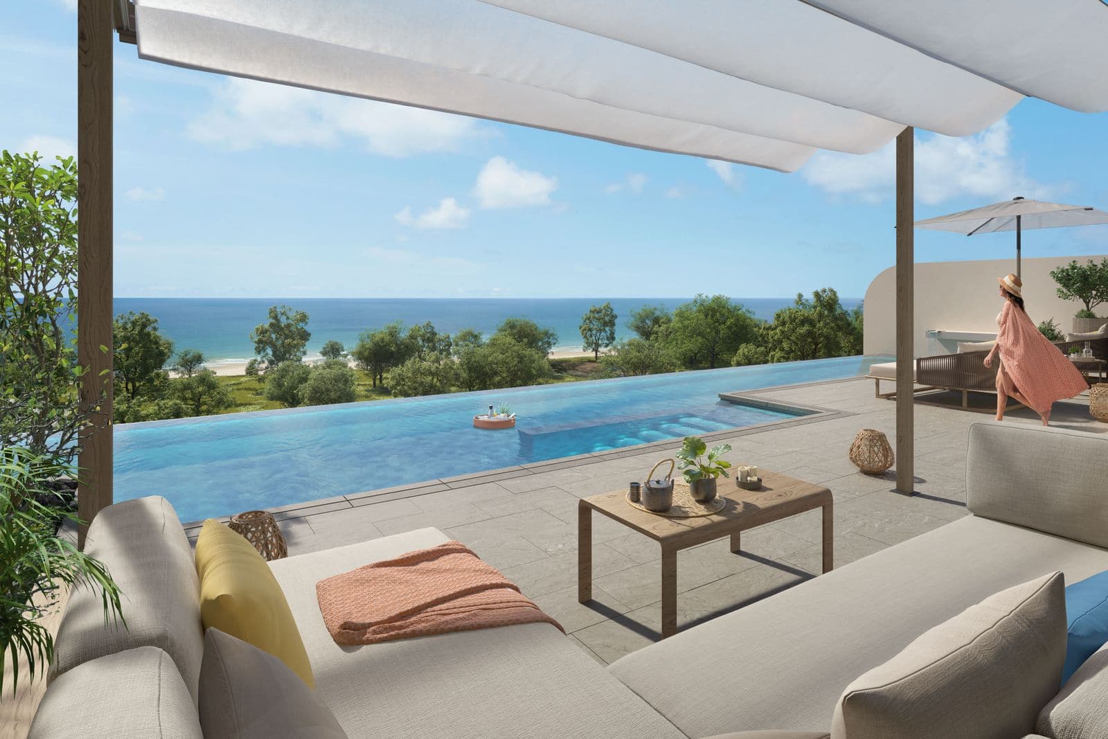 Laguna Beach Residences Bayside 頂層單位天台平台的電腦效果圖:遮陽帆之下的梳化面向泳池,遠處是海灘與大海