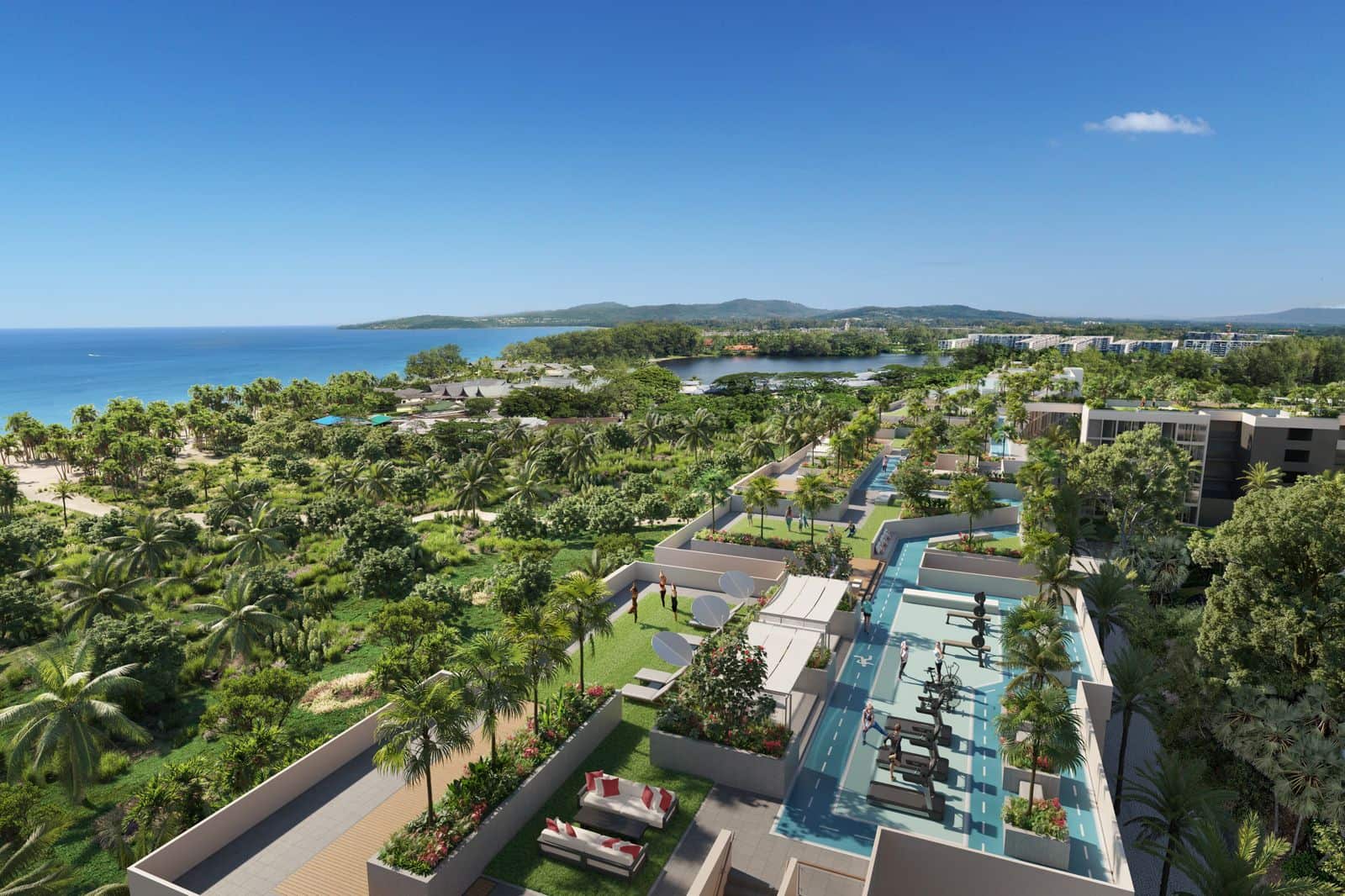Визуализация крыши корпуса 3 в Laguna Beach Residences Reef: плавательный бассейн, шезлонги и зелень, дальше море