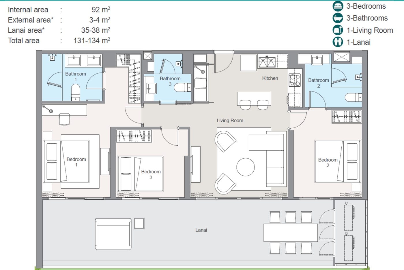 Планировка застройщика 2022 года квартиры типа 3A с тремя спальнями в Laguna Beach Residences Reef: 92 м² внутри, всего 131 – 134