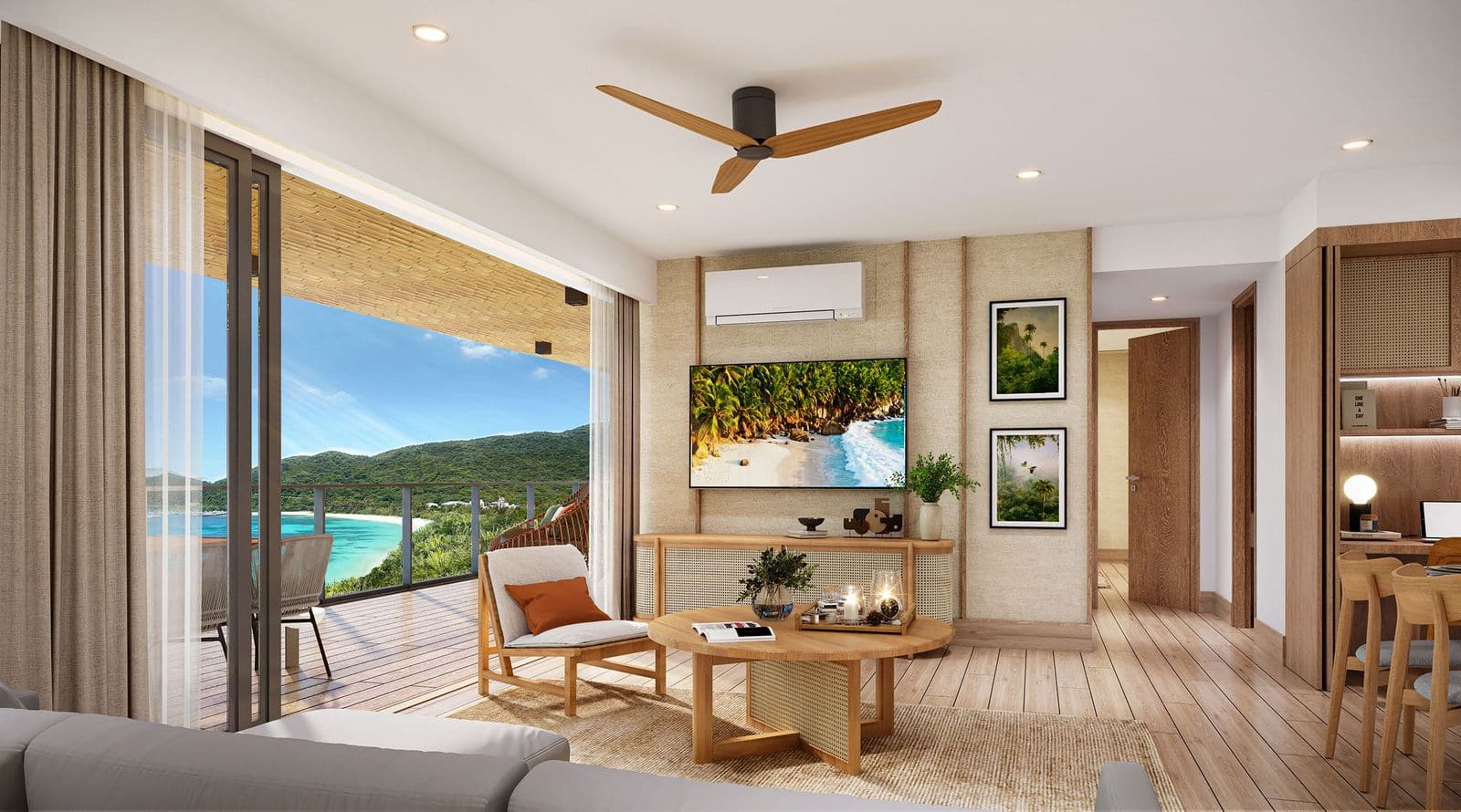 Визуализация гостиной в Laguna Beach Residences Reef, дальше ланай и море