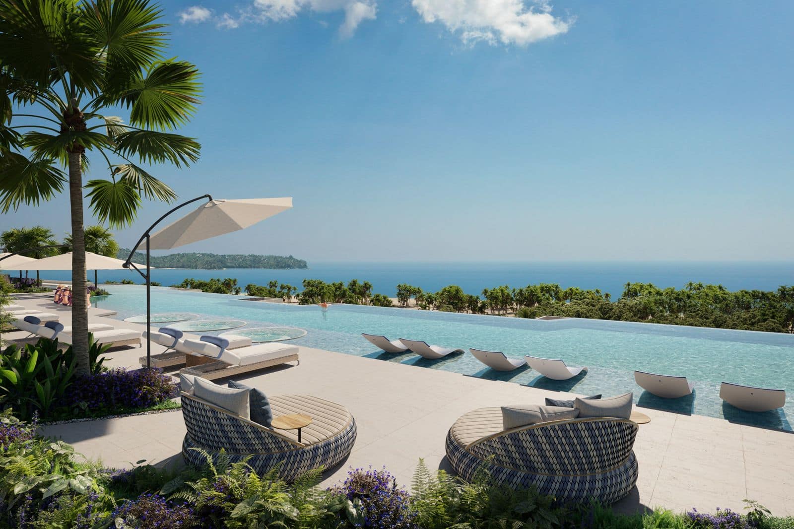 Laguna Beach Residences Reef 天台泳池平台的效果圖:無邊際池邊的藤製躺椅及遮陽傘,遠處是大海