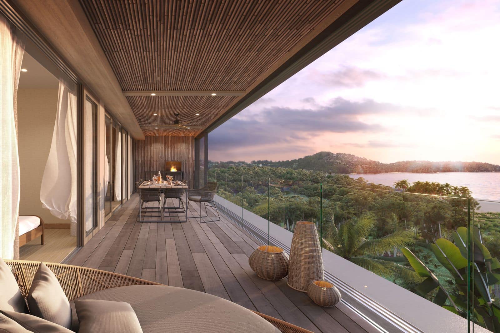 Визуализация ланай квартиры с тремя спальнями в Laguna Beach Residences Reef на закате: обеденный стол и зона отдыха, дальше море и мыс