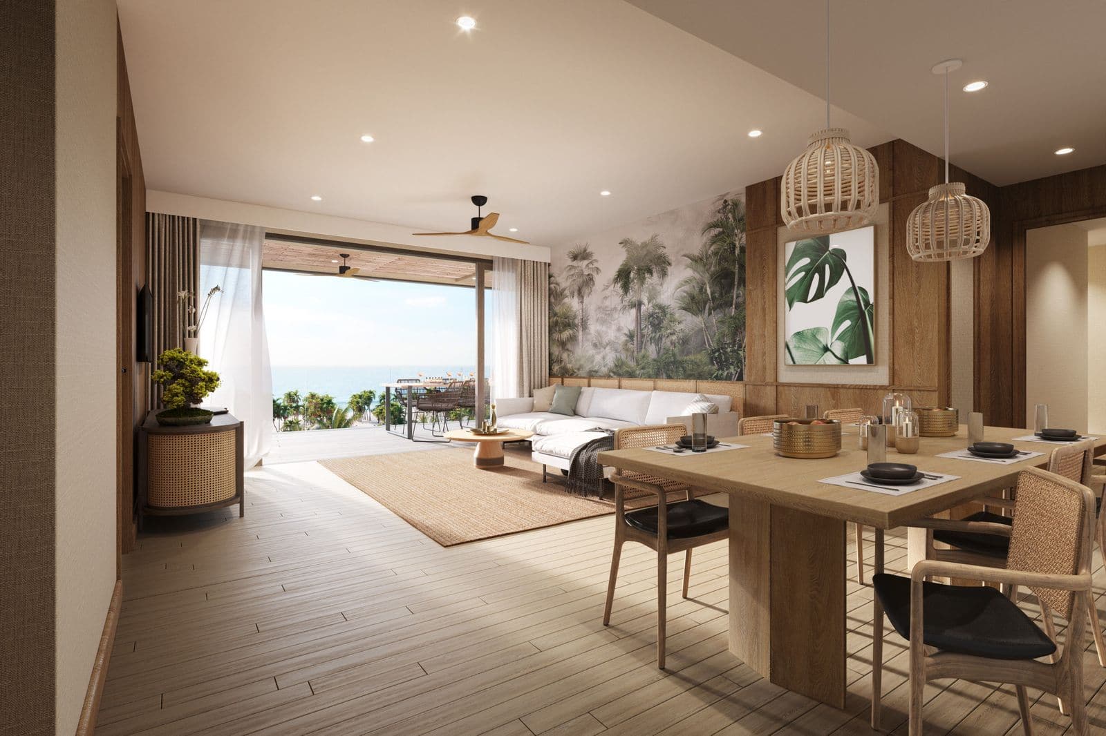 Визуализация гостиной со столовой квартиры с тремя спальнями в Laguna Beach Residences Reef, море за открытой ланай