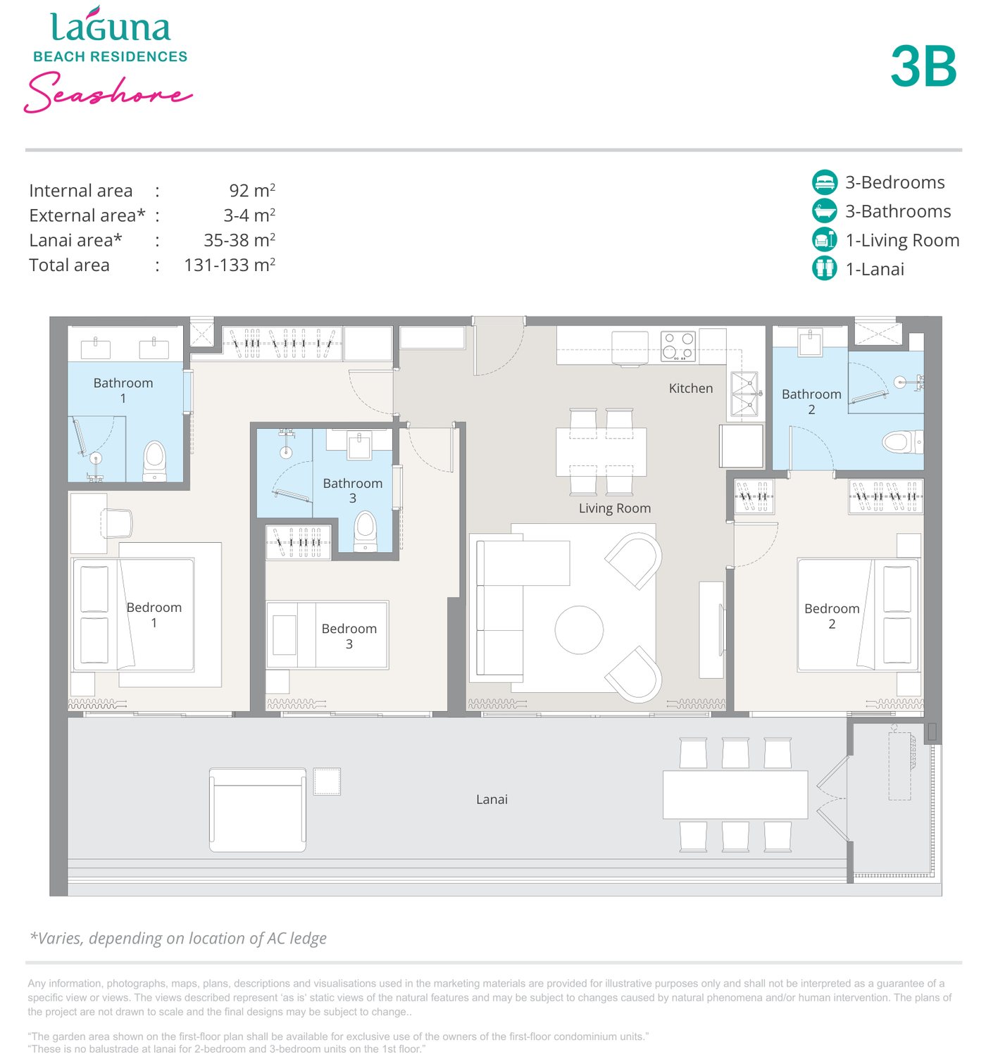 Планировка застройщика квартиры типа 3B с тремя спальнями в Laguna Beach Residences Seashore: три спальни, у каждой ванная комната, кухня, гостиная и ланай во всю ширину; 92 м² внутри, всего 131 – 133