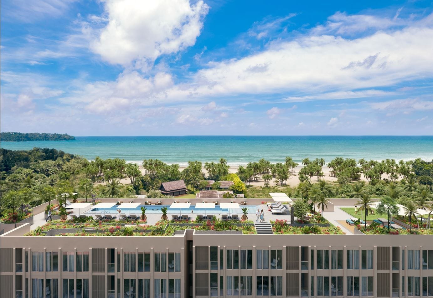 Визуализация крыши Laguna Beach Residences Seashore: длинный бассейн с рядами шезлонгов и кадками с растениями, дальше пальмы и пляж Bang Tao