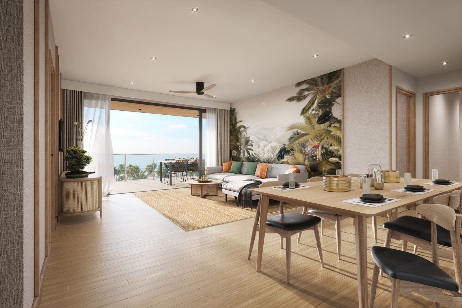 Визуализация гостиной со столовой квартиры с тремя спальнями в Laguna Beach Residences Seashore, море за открытой ланай