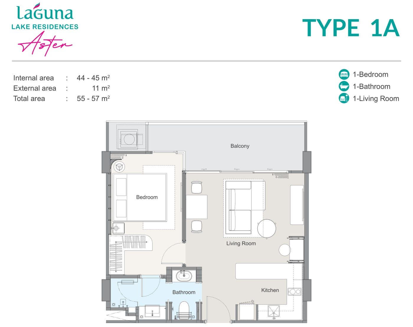 แบบแปลนของผู้พัฒนาสำหรับห้องหนึ่งห้องนอนแบบ 1A ที่ Laguna Lake Residences Aster: พื้นที่ภายใน 44 ถึง 45 ตร.ม. และระเบียง 11 ตร.ม. รวม 55 ถึง 57 ตร.ม.
