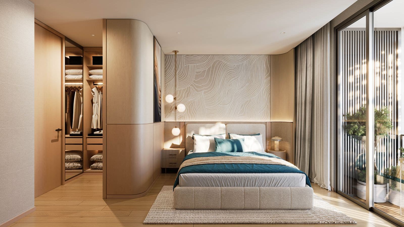 Laguna Lake Residences Aster 一房住宅臥室的電腦效果圖:設穿過式衣帽間及露台門