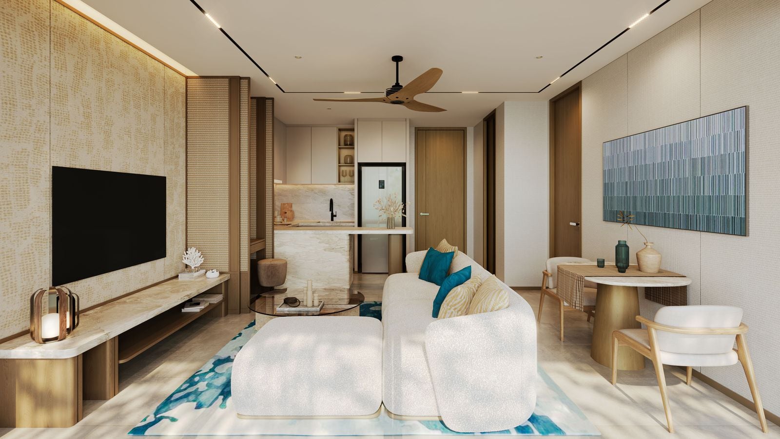 Laguna Lake Residences Aster 一房住宅客廳的電腦效果圖:梳化、餐桌,後方是小廚房