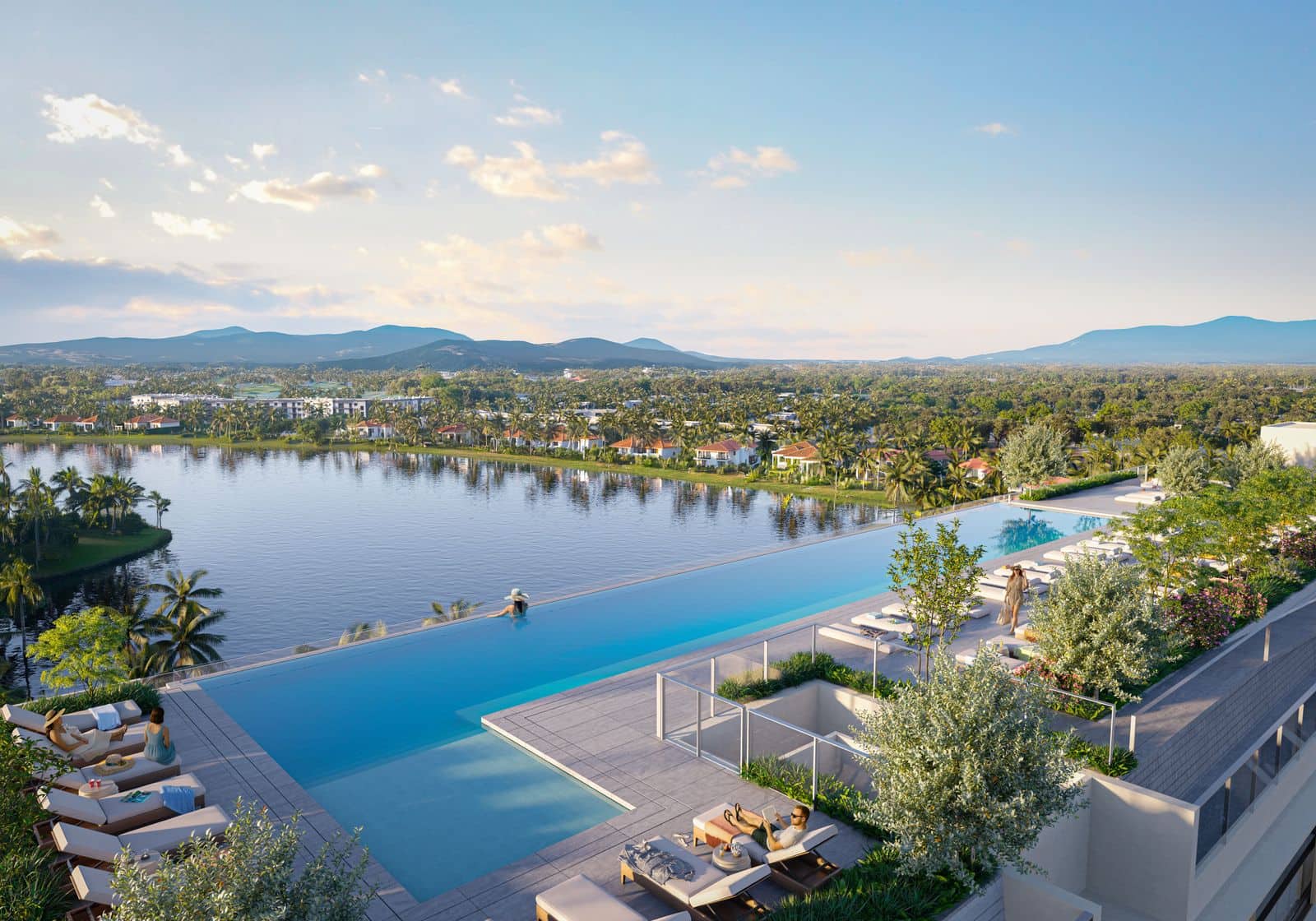 ภาพจำลองสระอินฟินิตี้บนดาดฟ้าที่ Laguna Lake Residences Aster ในแสงยามเย็น ขอบสระทอดเหนือทะเลสาบ และมีเนินเขาอยู่ไกลออกไป