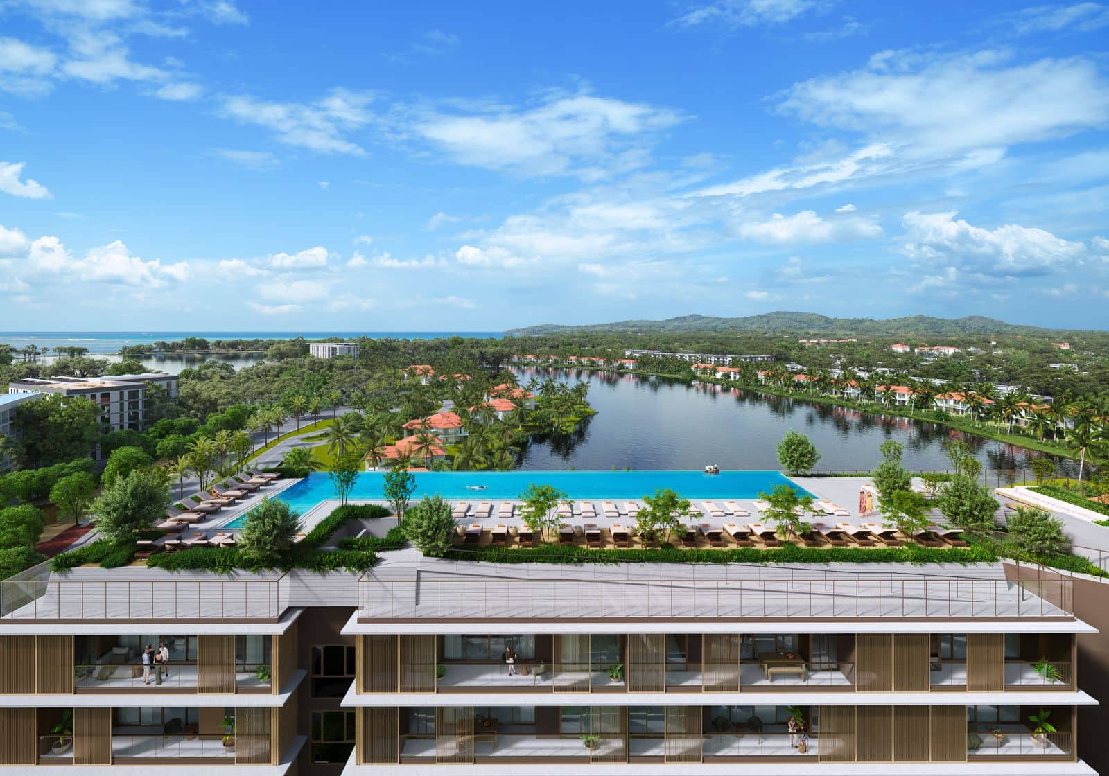 Laguna Lake Residences Aster 天台泳池的電腦效果圖:泳池位於大樓的格柵外牆之上,望向湖泊、Laguna Phuket 的園景,地平線上是大海