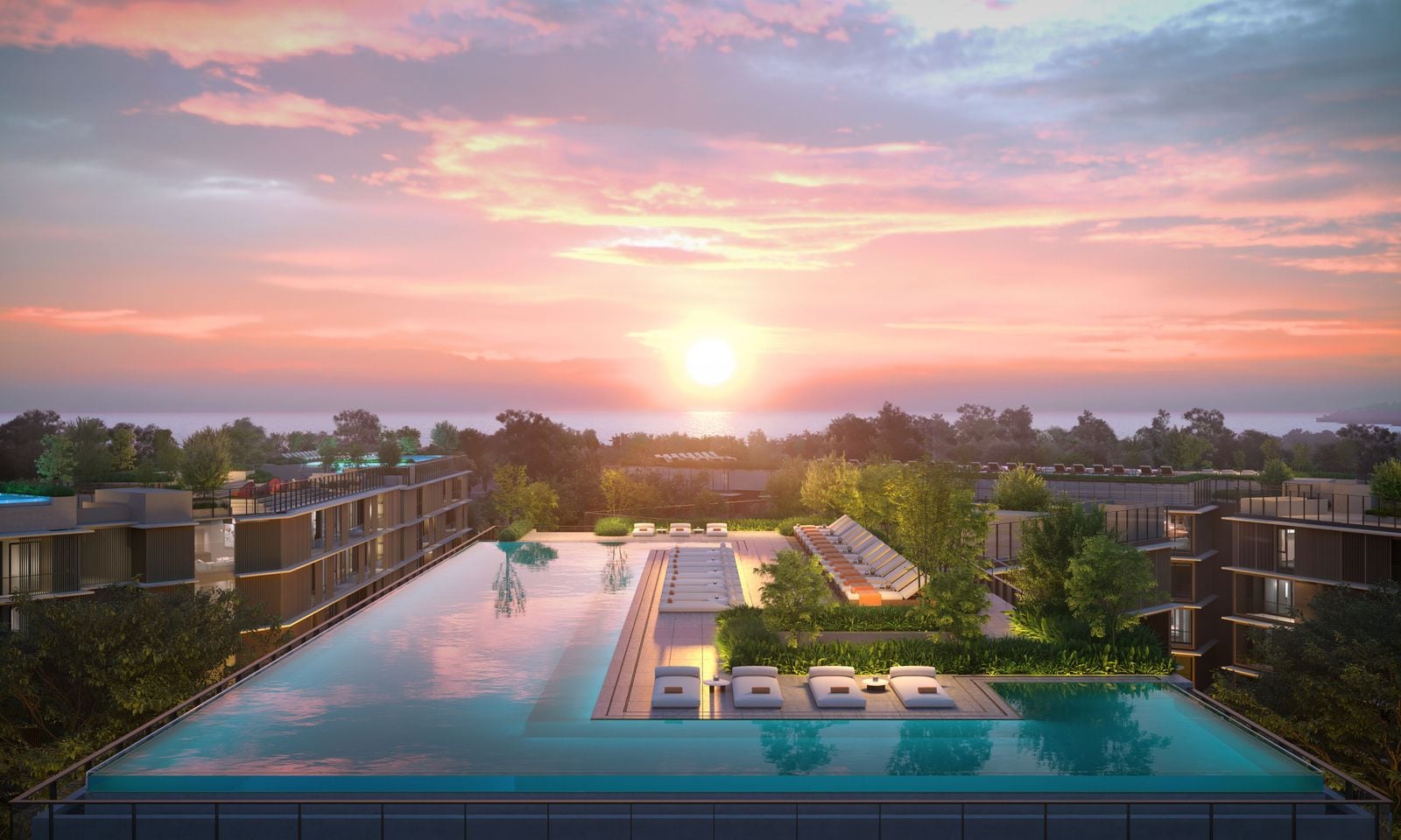 日落時分 Laguna Lake Residences Aster 天台泳池的電腦效果圖:池中設一座休憩小島,四周是大樓