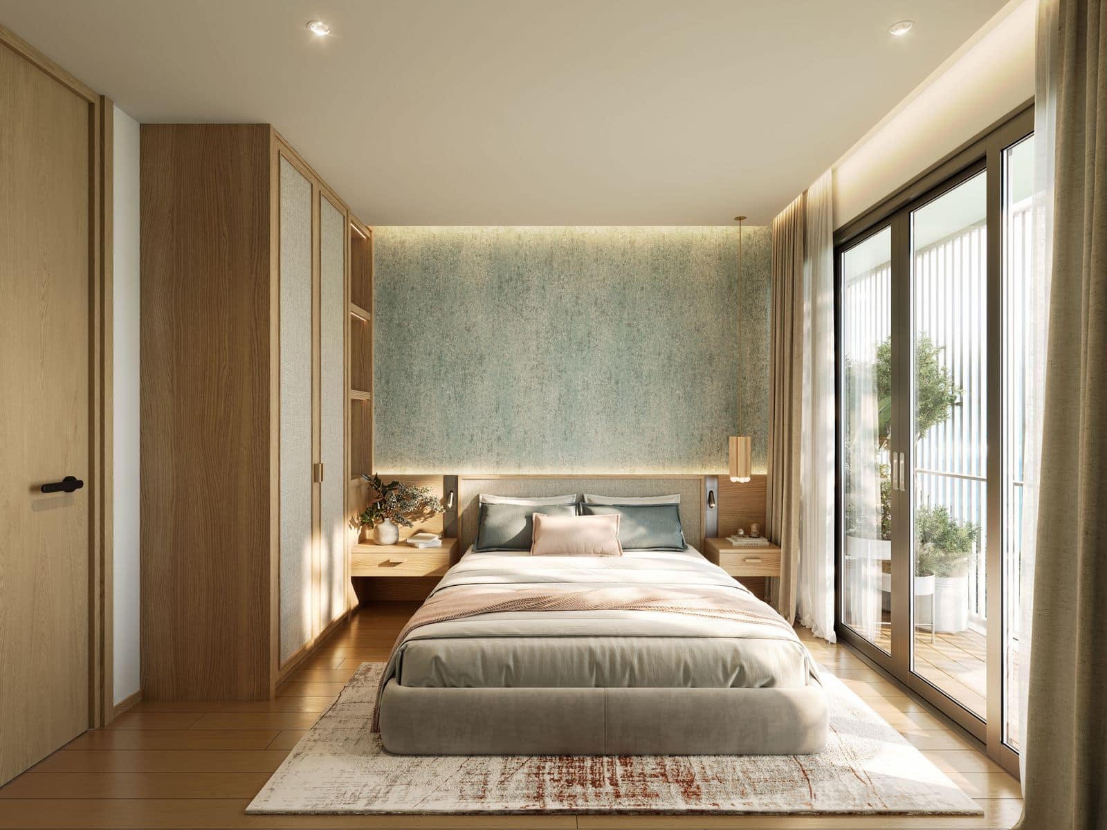Laguna Lake Residences Aster 三房住宅一間臥室的電腦效果圖:玻璃門通往露台