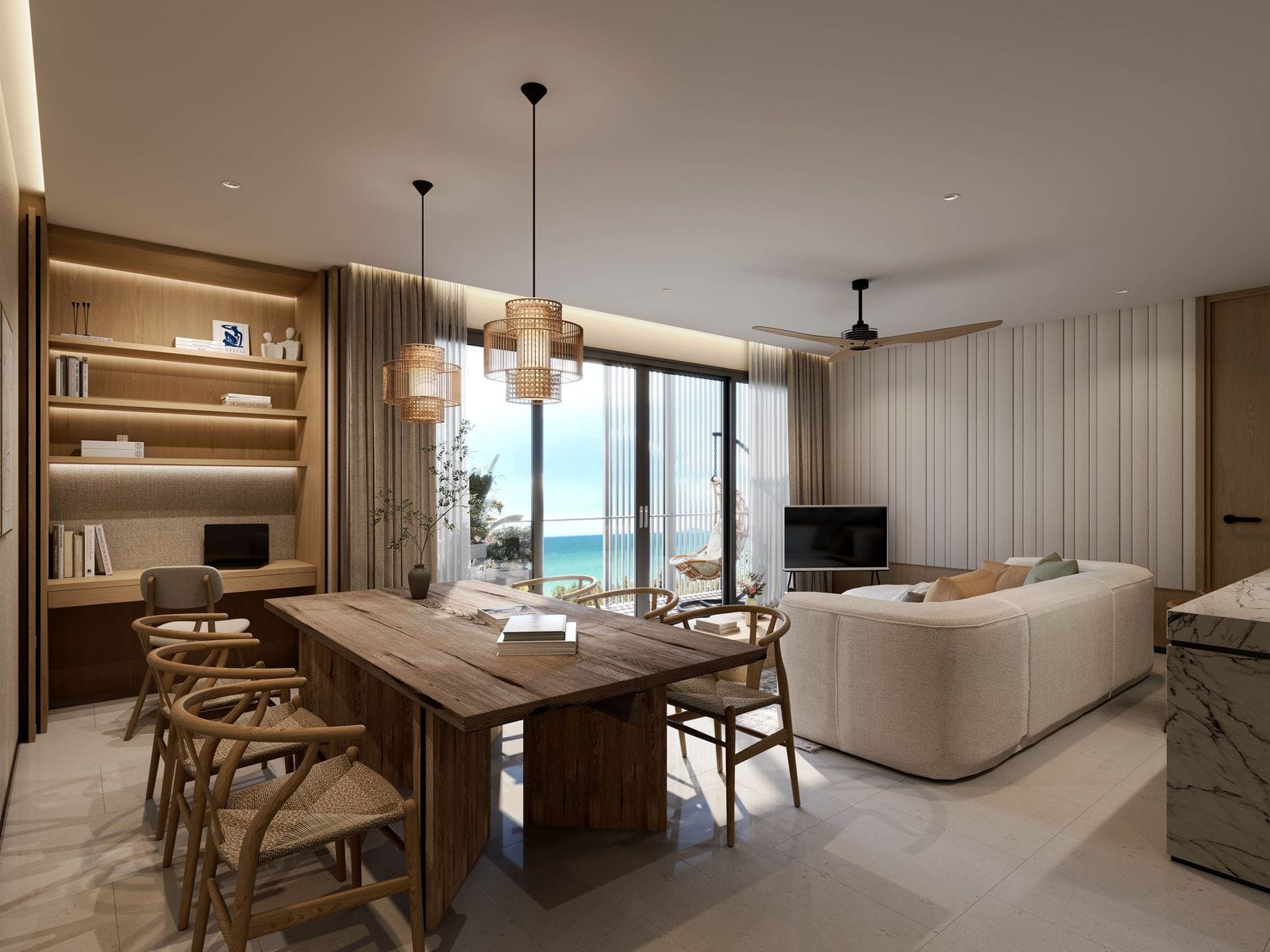 Laguna Lake Residences Aster 三房住宅餐桌與客廳的電腦效果圖:外面是露台,遠處是大海