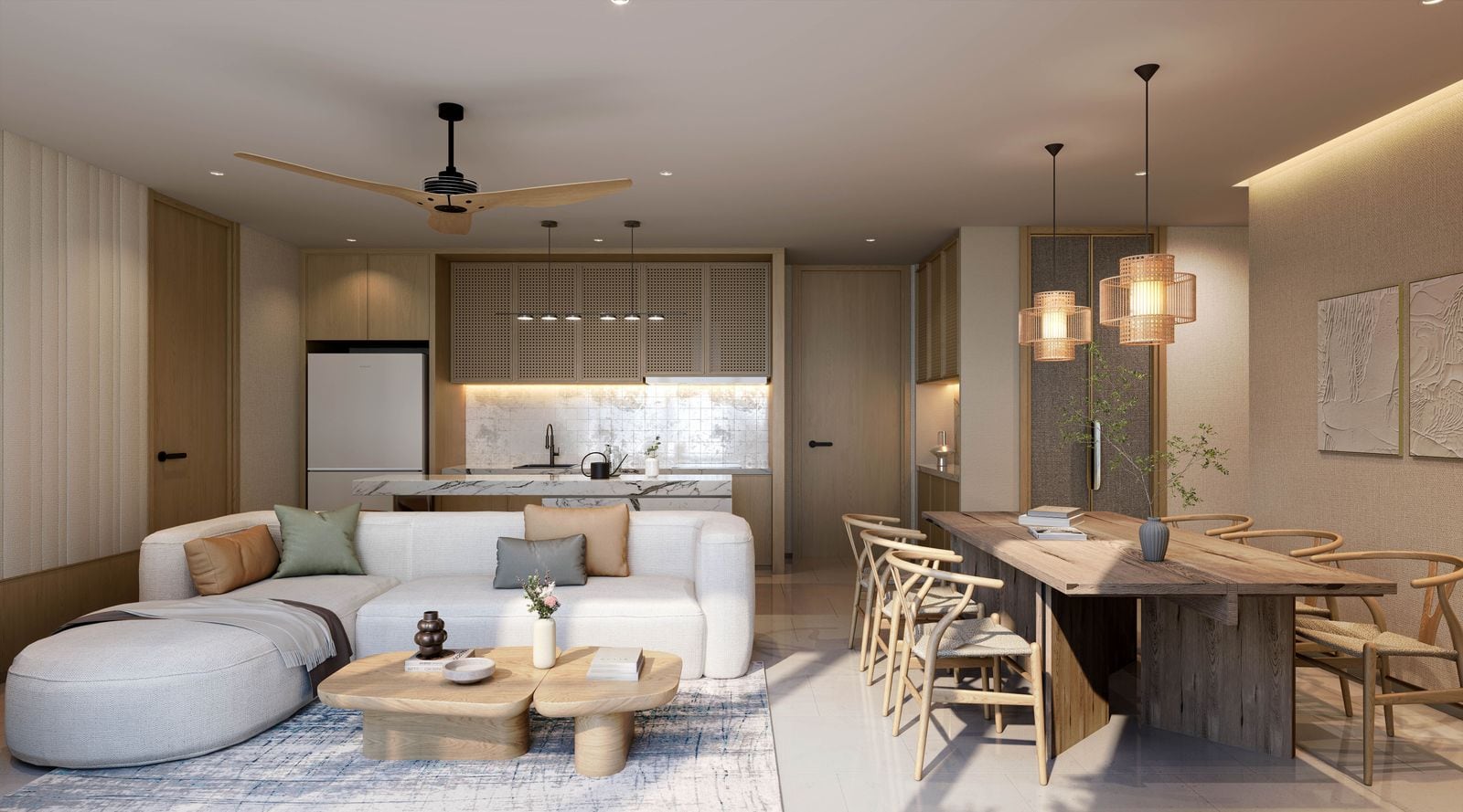 Laguna Lake Residences Aster 三房住宅客廳與廚房的電腦效果圖