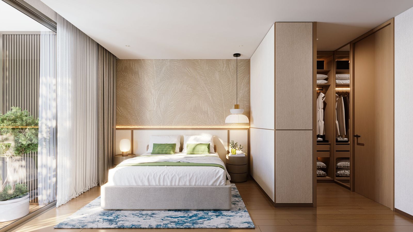 Laguna Lake Residences Aster 三房住宅另一間臥室的電腦效果圖:設衣櫃及露台門