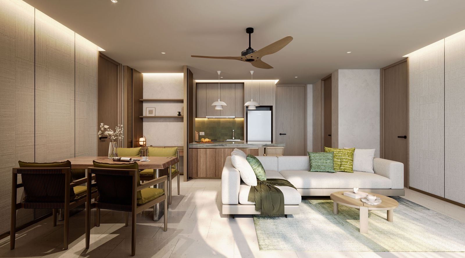 Laguna Lake Residences Aster 兩房住宅餐桌、客廳與廚房的電腦效果圖