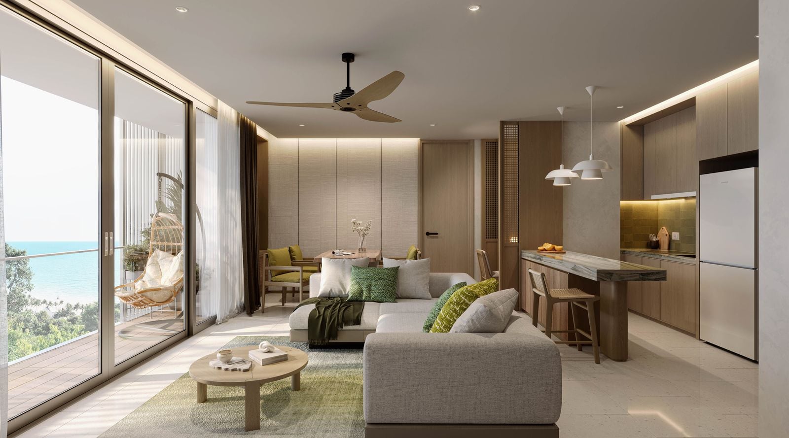Laguna Lake Residences Aster 兩房住宅客廳與廚房的電腦效果圖:向露台敞開