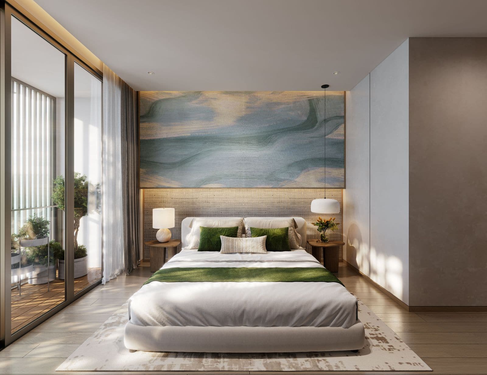 Laguna Lake Residences Aster 兩房住宅一間臥室的電腦效果圖:玻璃門通往露台