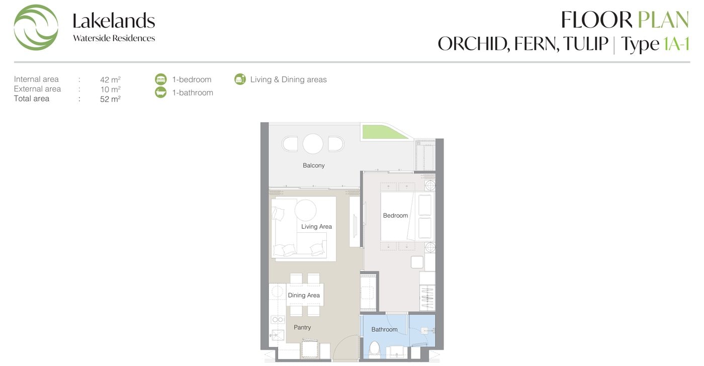 แบบแปลนของผู้พัฒนาสำหรับแบบ 1A-1 ที่ Laguna Lakelands Waterside Residences ห้องหนึ่งห้องนอน: พื้นที่ภายใน 42 ตร.ม. รวมทั้งหมด 52 ตร.ม.