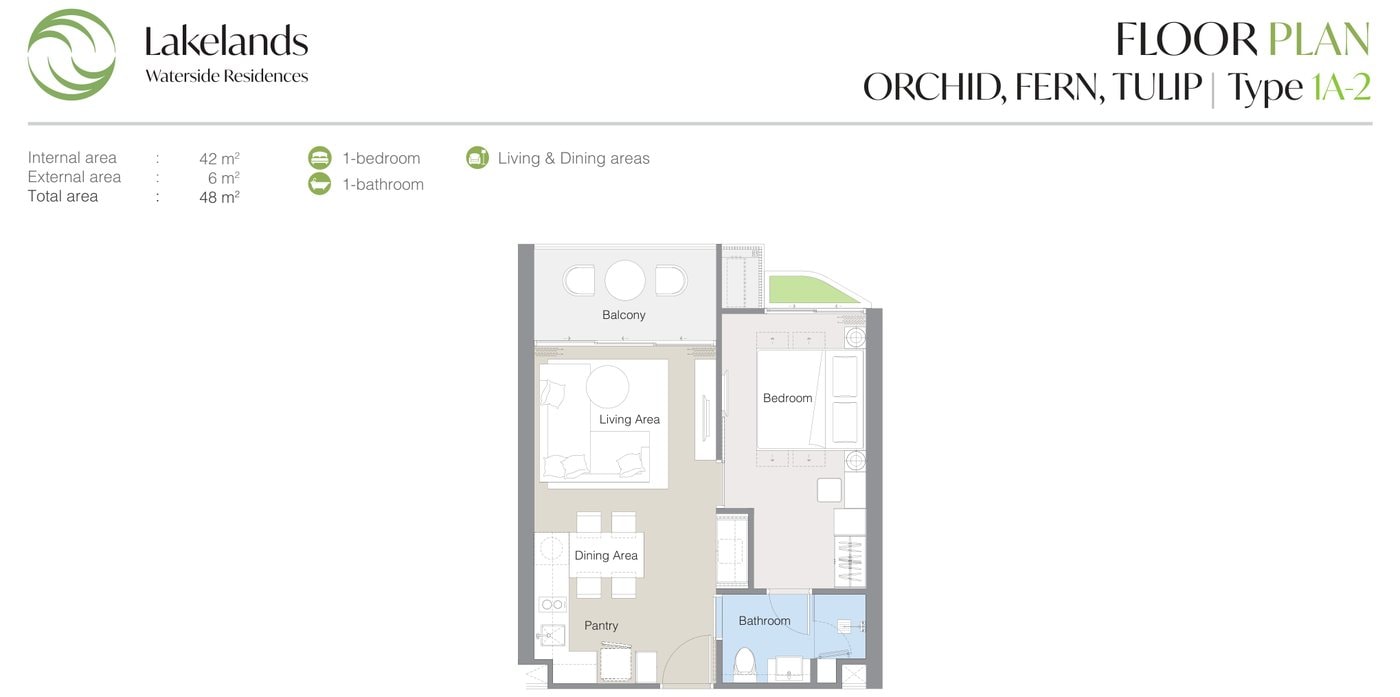 แบบแปลนของผู้พัฒนาสำหรับแบบ 1A-2 ที่ Laguna Lakelands Waterside Residences ห้องหนึ่งห้องนอน: พื้นที่ภายใน 42 ตร.ม. รวมทั้งหมด 48 ตร.ม.