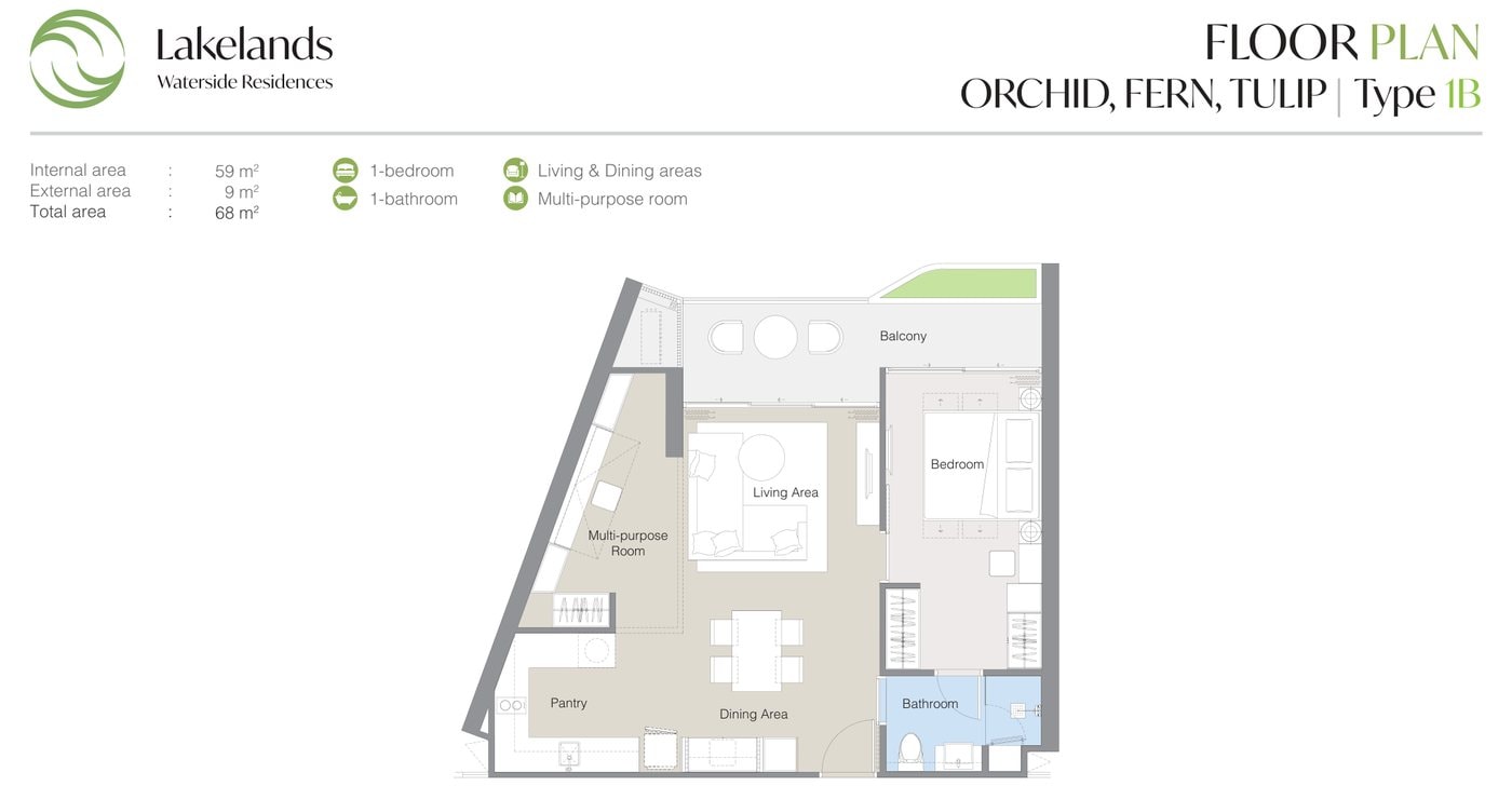 แบบแปลนของผู้พัฒนาสำหรับแบบ 1B ที่ Laguna Lakelands Waterside Residences ห้องหนึ่งห้องนอนพร้อมห้องอเนกประสงค์: พื้นที่ภายใน 59 ตร.ม. รวมทั้งหมด 68 ตร.ม.