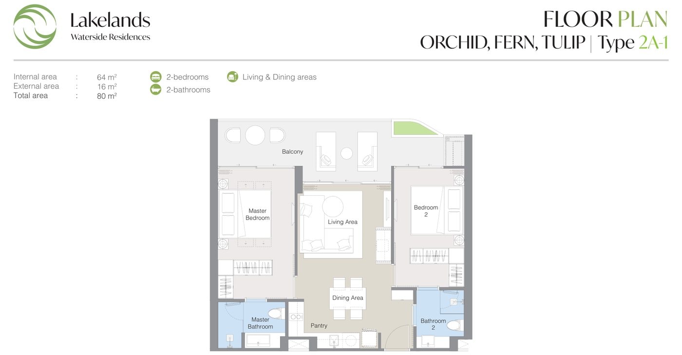 แบบแปลนของผู้พัฒนาสำหรับแบบ 2A-1 ที่ Laguna Lakelands Waterside Residences ห้องสองห้องนอน: พื้นที่ภายใน 64 ตร.ม. รวมทั้งหมด 80 ตร.ม.