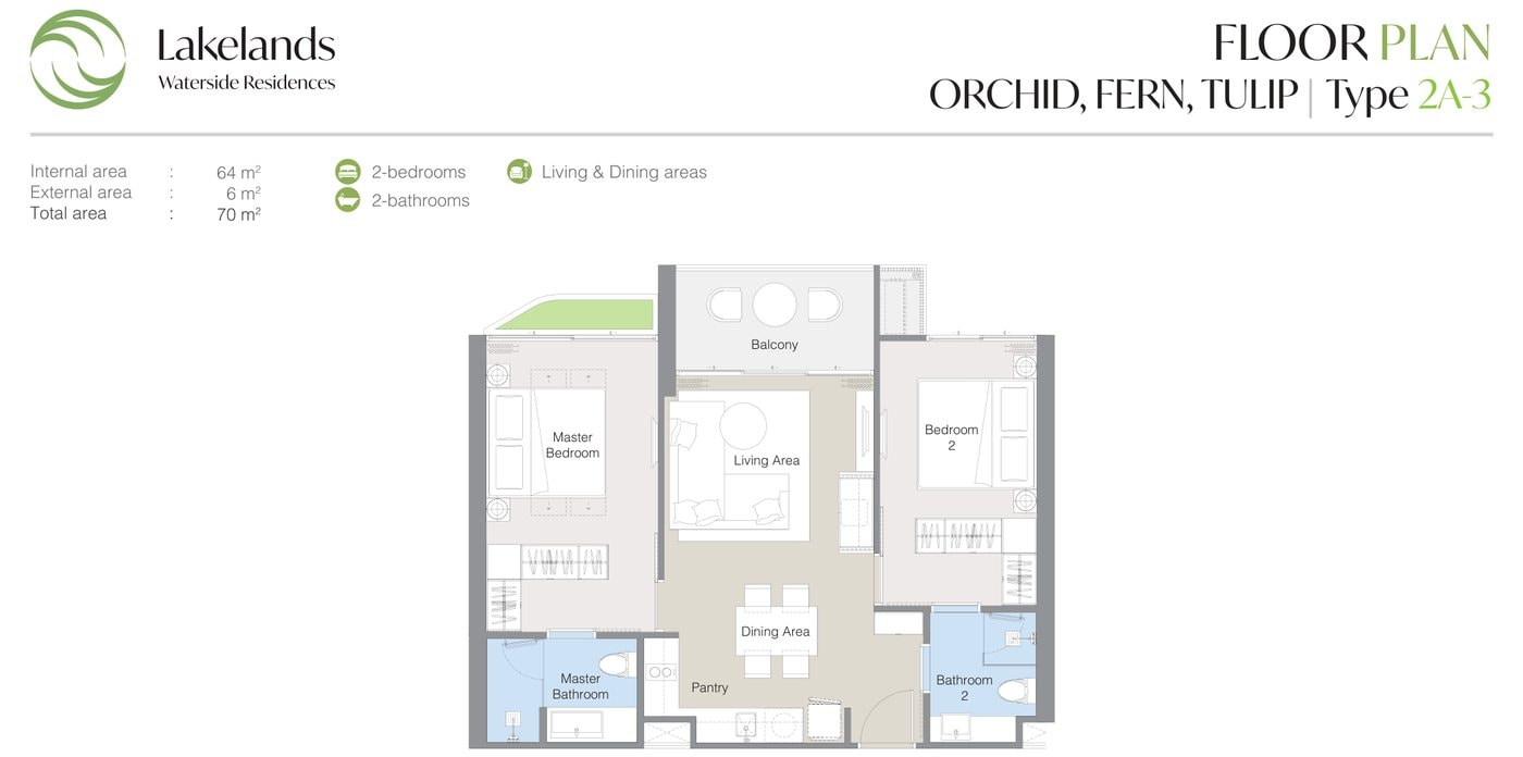 แบบแปลนของผู้พัฒนาสำหรับแบบ 2A-3 ที่ Laguna Lakelands Waterside Residences ห้องสองห้องนอน: พื้นที่ภายใน 64 ตร.ม. รวมทั้งหมด 70 ตร.ม.