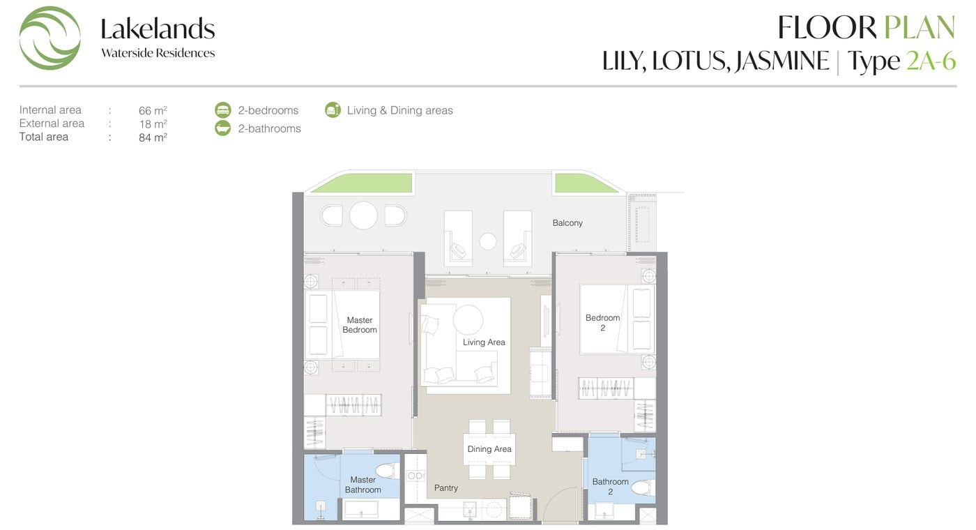 แบบแปลนของผู้พัฒนาสำหรับแบบ 2A-6 ที่ Laguna Lakelands Waterside Residences ห้องสองห้องนอน: พื้นที่ภายใน 66 ตร.ม. รวมทั้งหมด 84 ตร.ม.