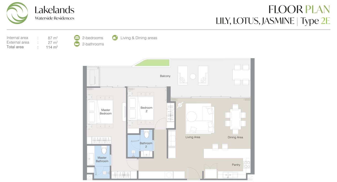 แบบแปลนของผู้พัฒนาสำหรับแบบ 2E ที่ Laguna Lakelands Waterside Residences ห้องสองห้องนอน: พื้นที่ภายใน 87 ตร.ม. รวมทั้งหมด 114 ตร.ม.
