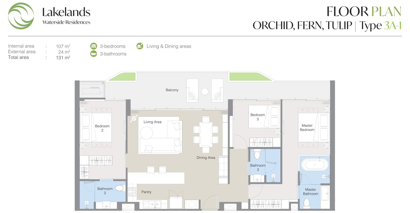แบบแปลนของผู้พัฒนาสำหรับแบบ 3A-1 ที่ Laguna Lakelands Waterside Residences ห้องสามห้องนอน: พื้นที่ภายใน 107 ตร.ม. รวมทั้งหมด 131 ตร.ม.