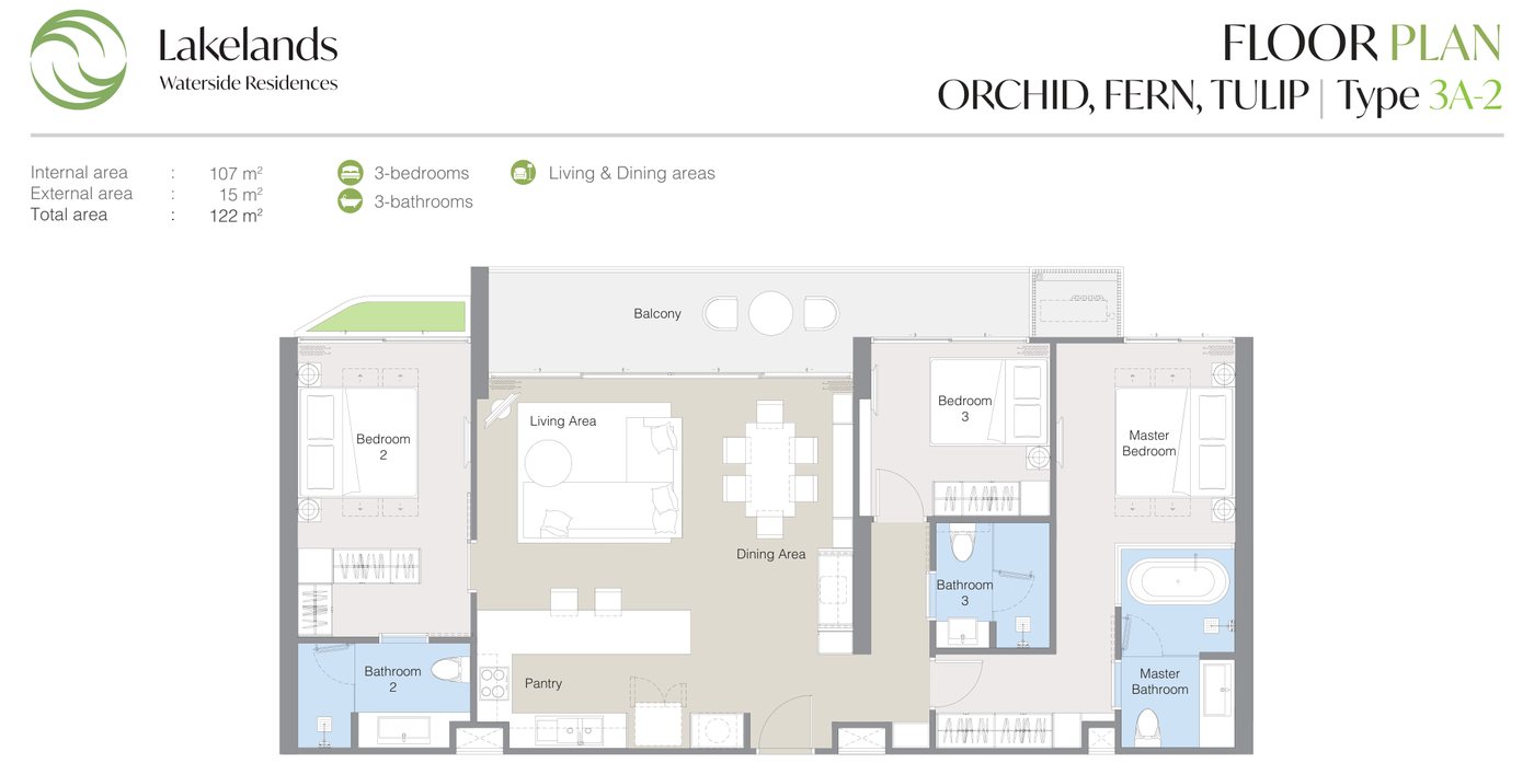 แบบแปลนของผู้พัฒนาสำหรับแบบ 3A-2 ที่ Laguna Lakelands Waterside Residences ห้องสามห้องนอน: พื้นที่ภายใน 107 ตร.ม. รวมทั้งหมด 122 ตร.ม.