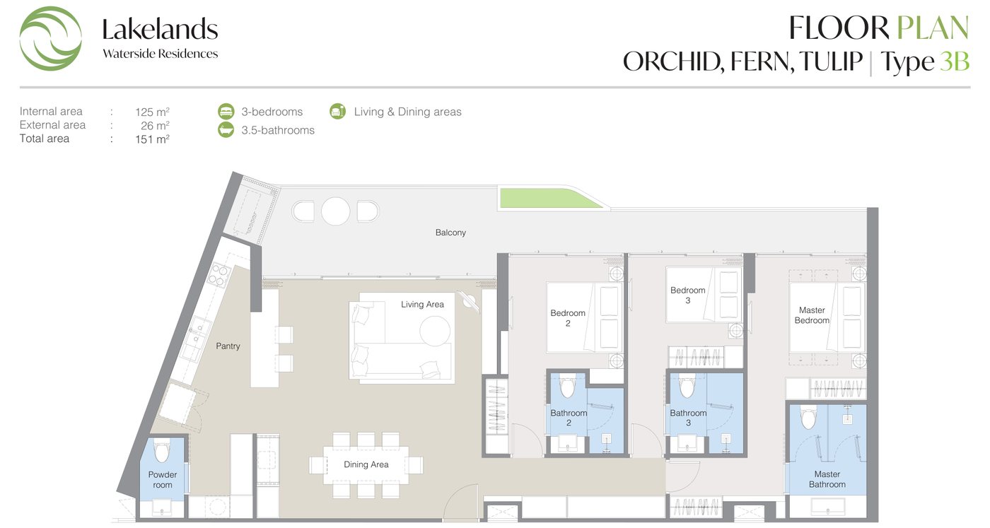 แบบแปลนของผู้พัฒนาสำหรับแบบ 3B ที่ Laguna Lakelands Waterside Residences ห้องสามห้องนอนพร้อมห้องน้ำแขก: พื้นที่ภายใน 125 ตร.ม. รวมทั้งหมด 151 ตร.ม.