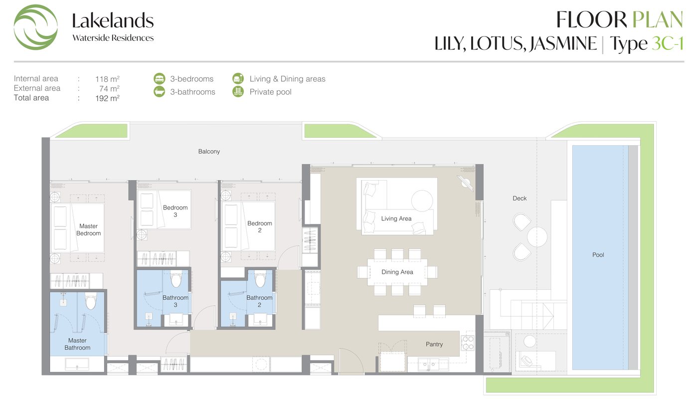 แบบแปลนของผู้พัฒนาสำหรับแบบ 3C-1 ที่ Laguna Lakelands Waterside Residences ห้องสามห้องนอนพร้อมสระส่วนตัว: พื้นที่ภายใน 118 ตร.ม. รวมทั้งหมด 192 ตร.ม.