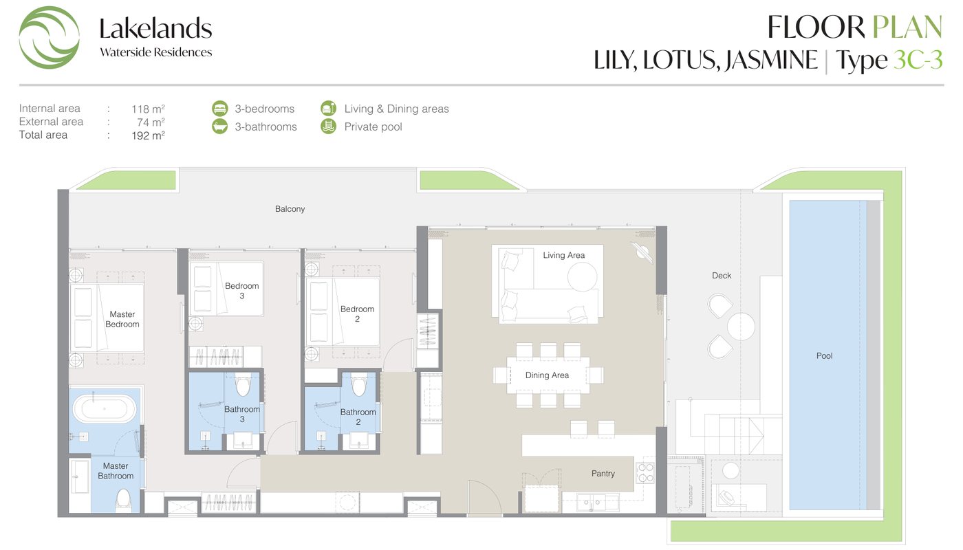 แบบแปลนของผู้พัฒนาสำหรับแบบ 3C-3 ที่ Laguna Lakelands Waterside Residences ห้องสามห้องนอนพร้อมสระส่วนตัว: พื้นที่ภายใน 118 ตร.ม. รวมทั้งหมด 192 ตร.ม.