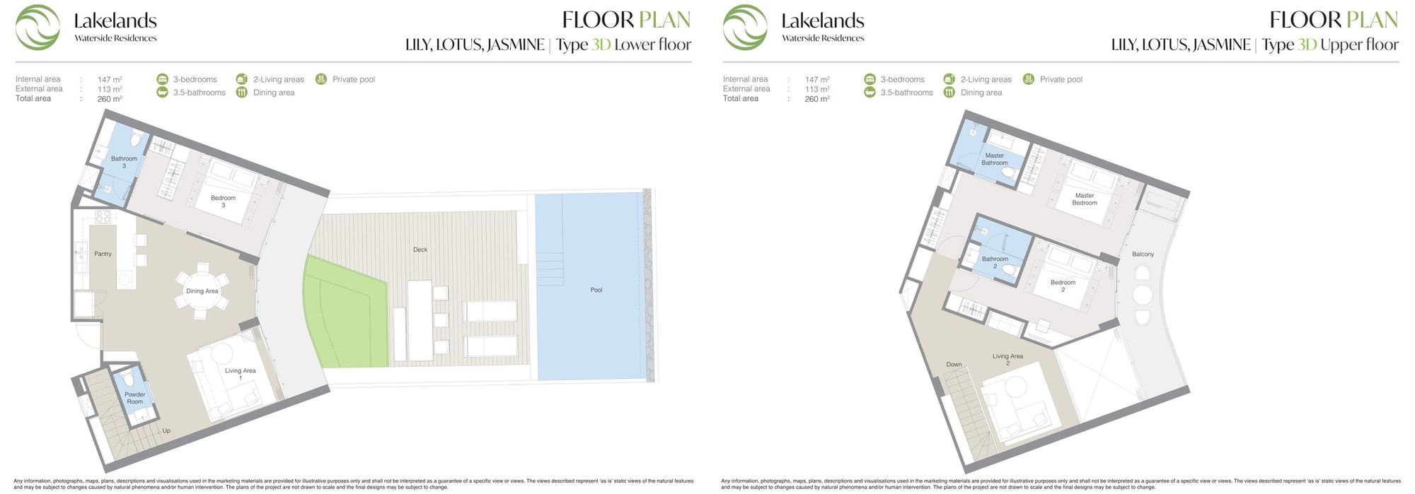 แบบแปลนของผู้พัฒนาสำหรับแบบ 3D ที่ Laguna Lakelands Waterside Residences ห้องดูเพล็กซ์สามห้องนอนพร้อมสระส่วนตัว: พื้นที่ภายใน 147 ตร.ม. รวมทั้งหมด 260 ตร.ม. แสดงชั้นล่างและชั้นบนเคียงกัน