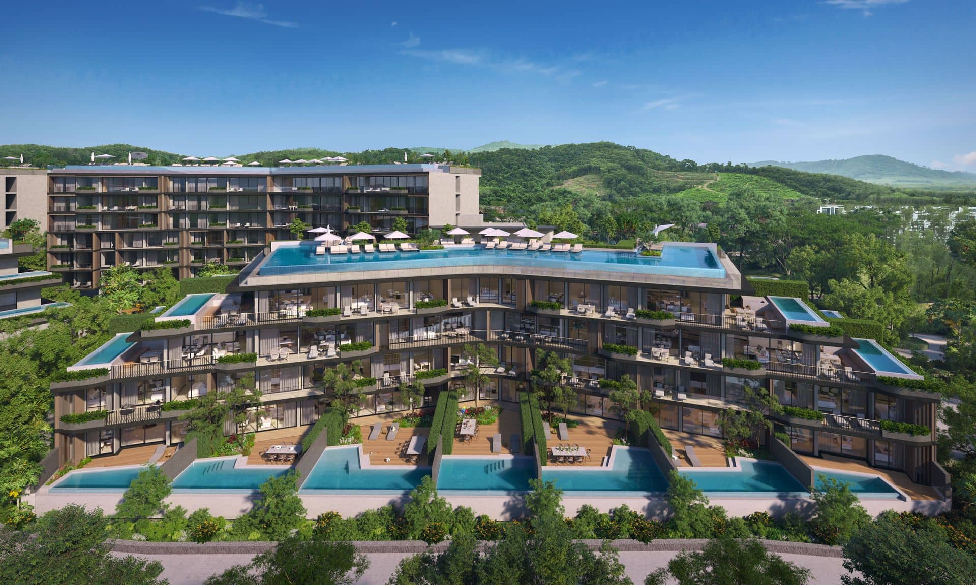 Computer-generated view of a four-floor block at Laguna Lakelands Waterside Residences with private pools on its larger homes, Laguna Phuket