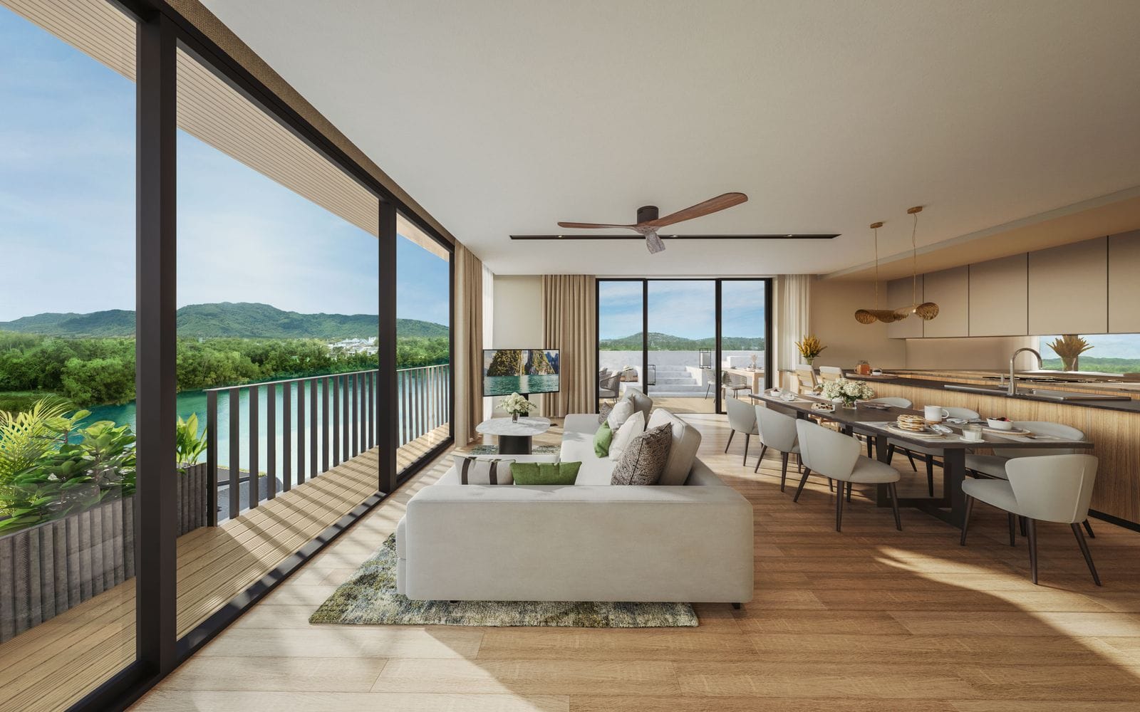 ภาพจำลองห้องนั่งเล่นที่ Laguna Lakelands Waterside Residences เปิดออกสู่ระเบียงยาว ทะเลสาบและเนินเขาอยู่ไกลออกไป