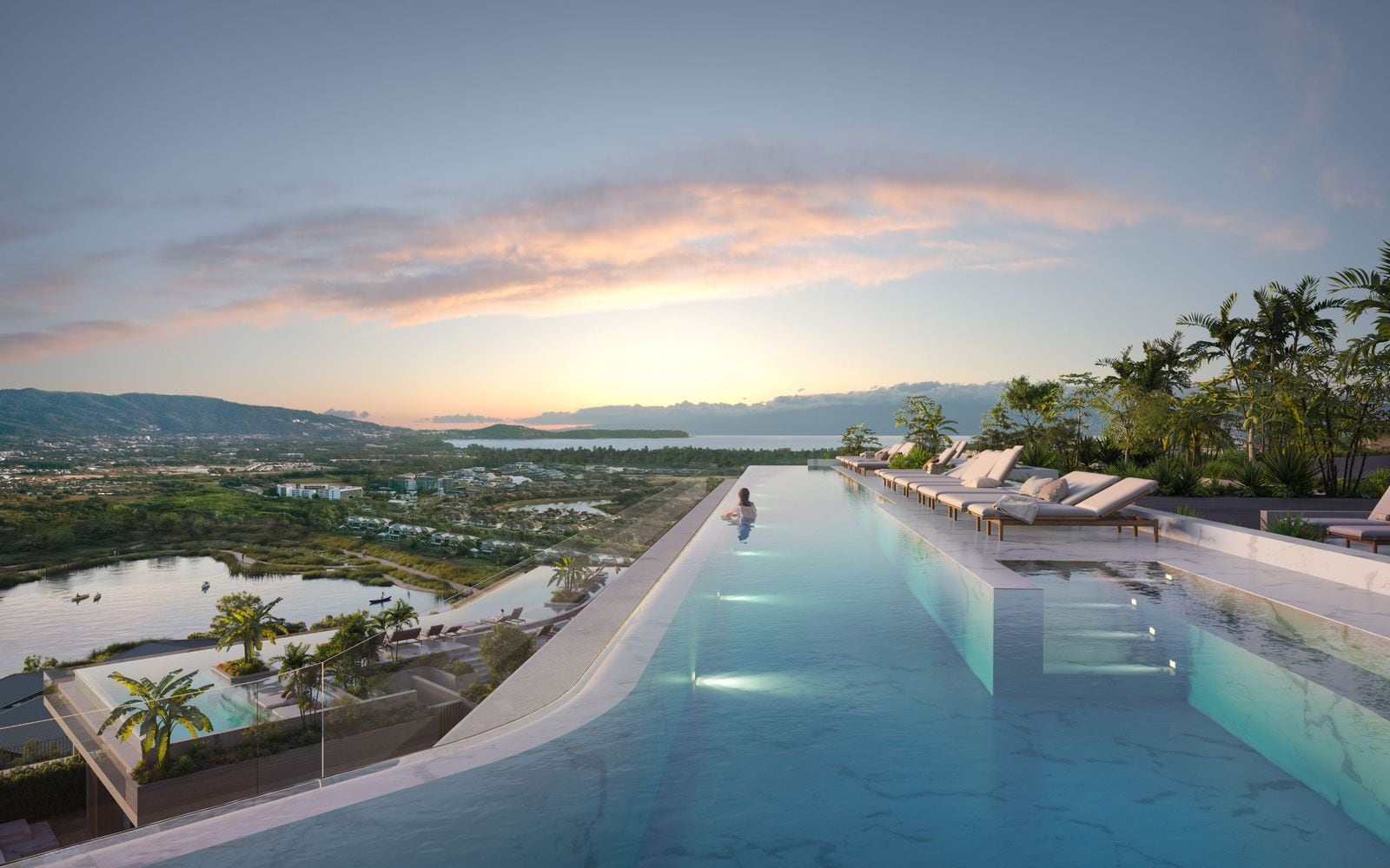 ภาพจำลองสระอินฟินิตี้บนดาดฟ้าของอาคารเจ็ดชั้นที่ Laguna Lakelands Waterside Residences ยามพลบค่ำ Laguna Phuket และทะเลอยู่ไกลออกไป