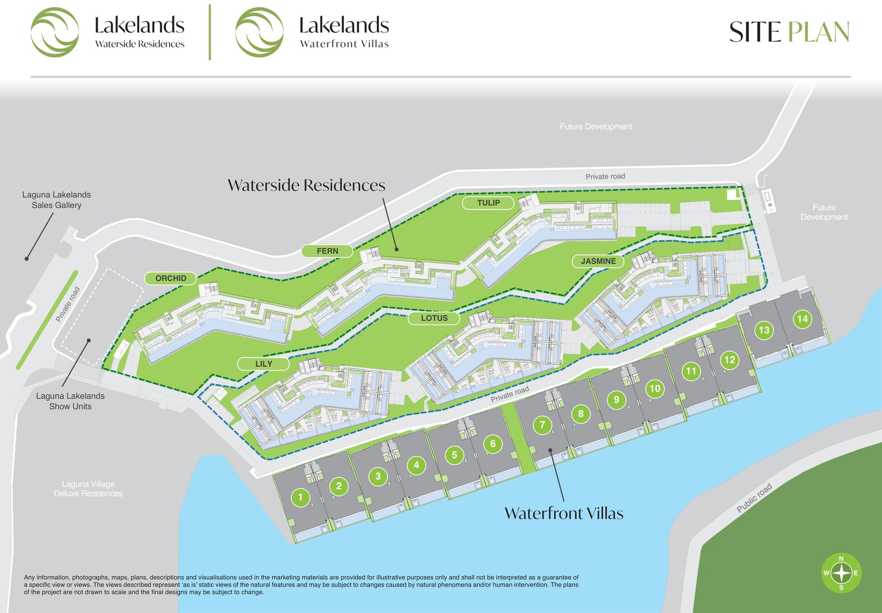 Генплан застройщика Laguna Lakelands Waterside Residences, май 2026: шесть корпусов позади четырнадцати Lakelands Waterfront Villas на берегу озера, офис продаж и шоу-квартиры к западу