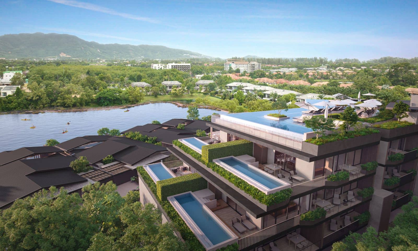 Computer-generated view of the private pools on the larger four-floor homes at Laguna Lakelands Waterside Residences, Laguna Phuket