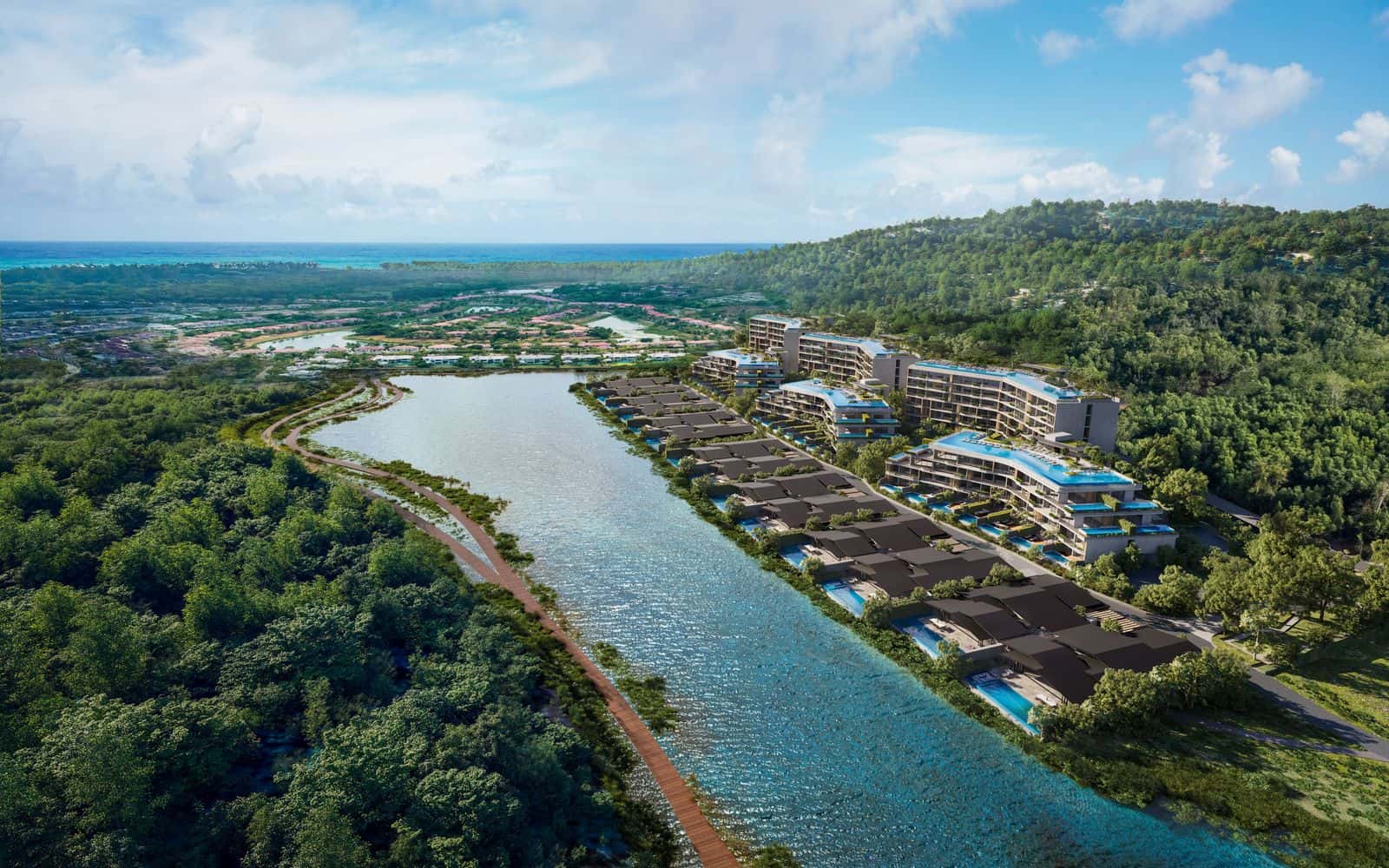 Визуализация озера в Laguna Lakelands с высоты: ряд Lakelands Waterfront Villas вдоль его берега, позади Waterside Residences