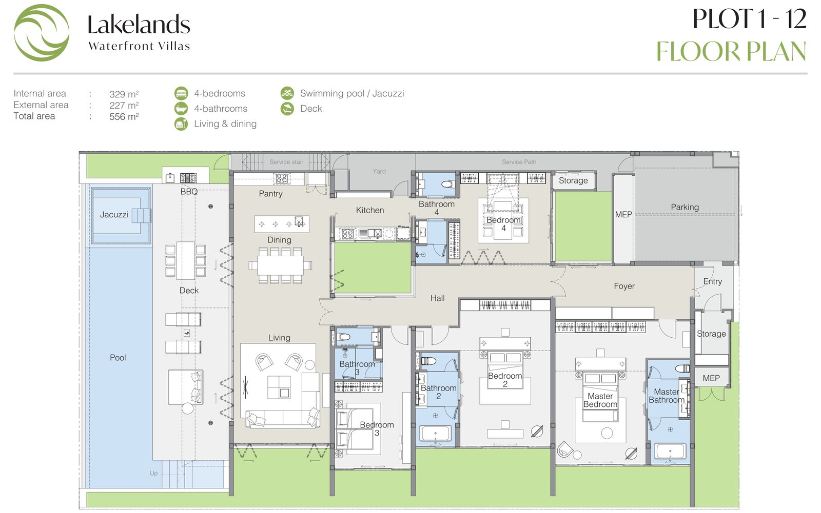 Планировка застройщика виллы с четырьмя спальнями в Lakelands Waterfront Villas, участки с 1-го по 12-й, сентябрь 2025: четыре спальни и ванные комнаты, кухня и буфетная, гостиная и столовая, палуба, бассейн и джакузи, два парковочных места; 329 м² внутри, всего 556 м²