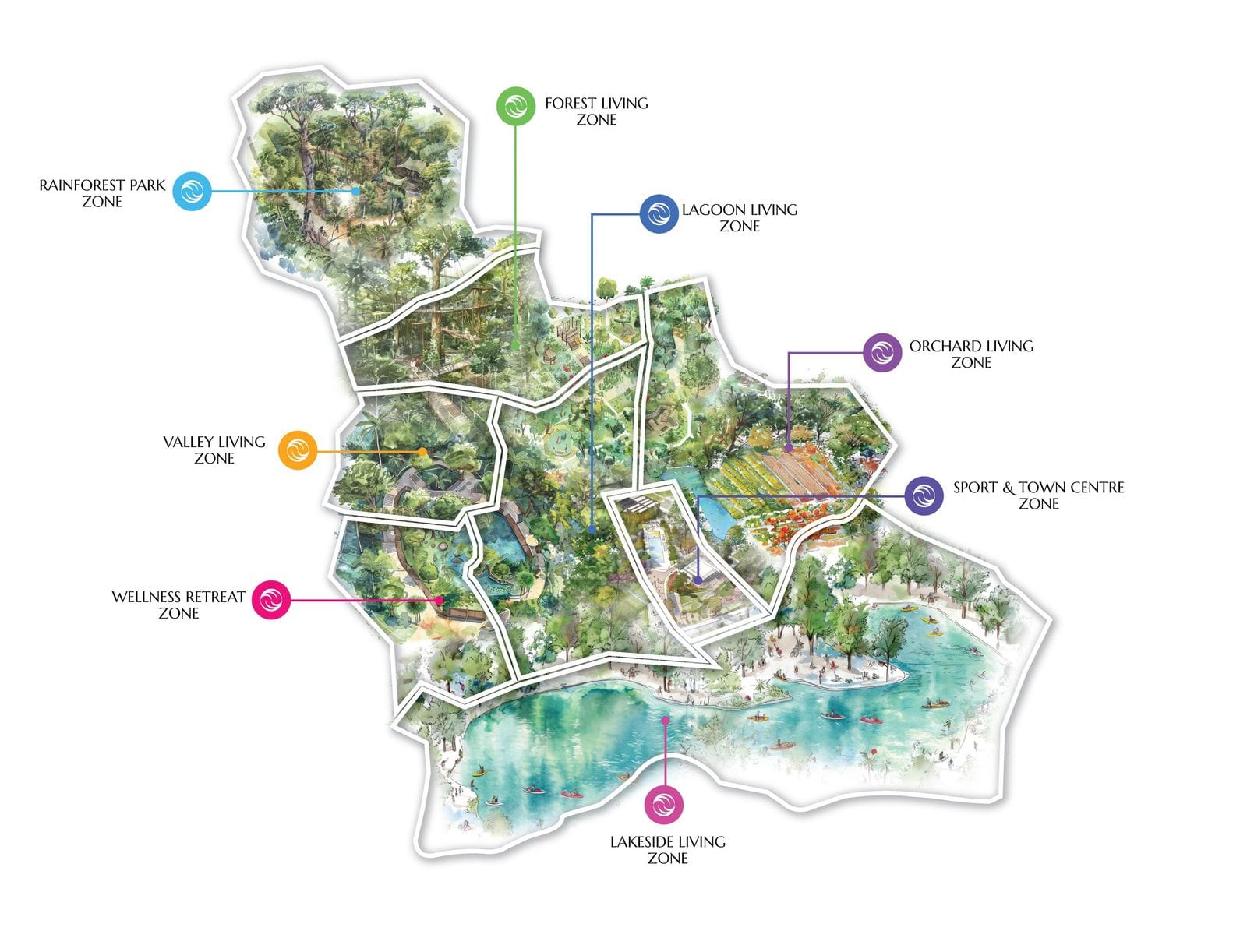 Генплан застройщика Laguna Lakelands, июнь 2024: озёра, жилые зоны и лес