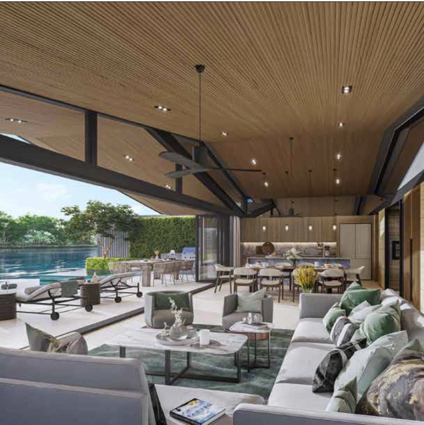 ภาพจำลองศาลานั่งเล่นเปิดโล่งของ Lakelands Waterfront Villa เพดานไม้ทอดออกเหนือระเบียงสู่สระส่วนตัวริมลากูน