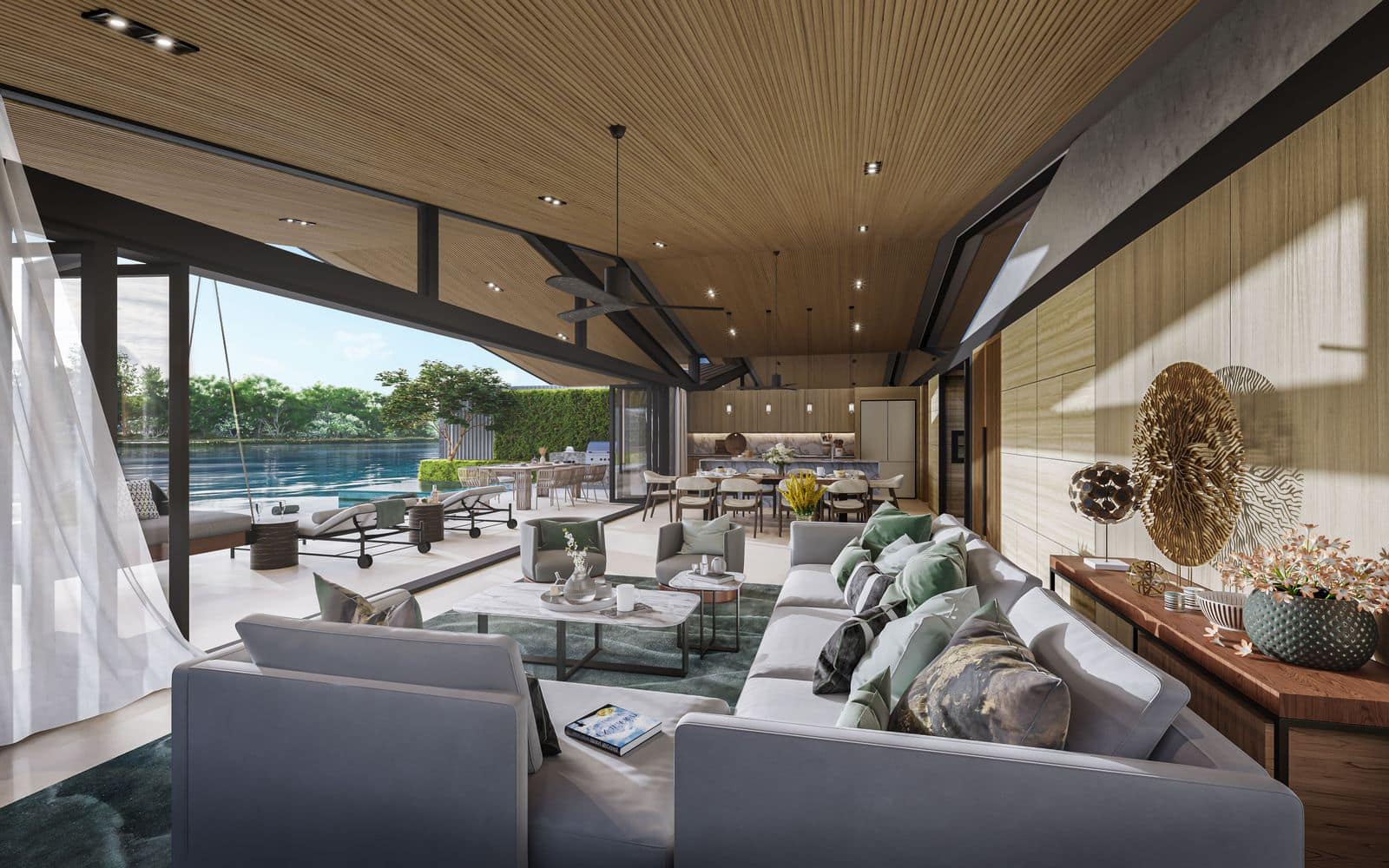 Визуализация гостиной виллы в Lakelands Waterfront Villas: деревянный потолок и озеро за стеклом