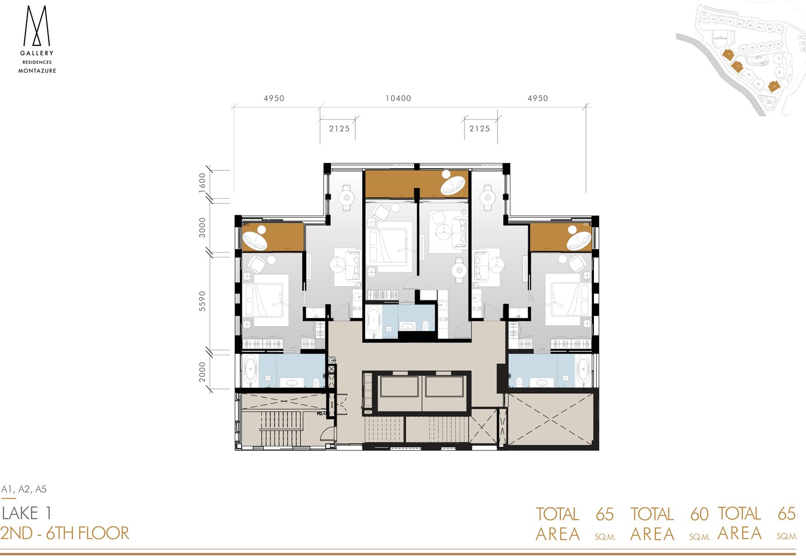 План застройщика: этажи со 2-го по 6-й корпуса Lake 1 в MGallery Residences MontAzure Lakeside, Kamala, Пхукет: три квартиры с одной спальней площадью 65, 60 и 65 квадратных метров