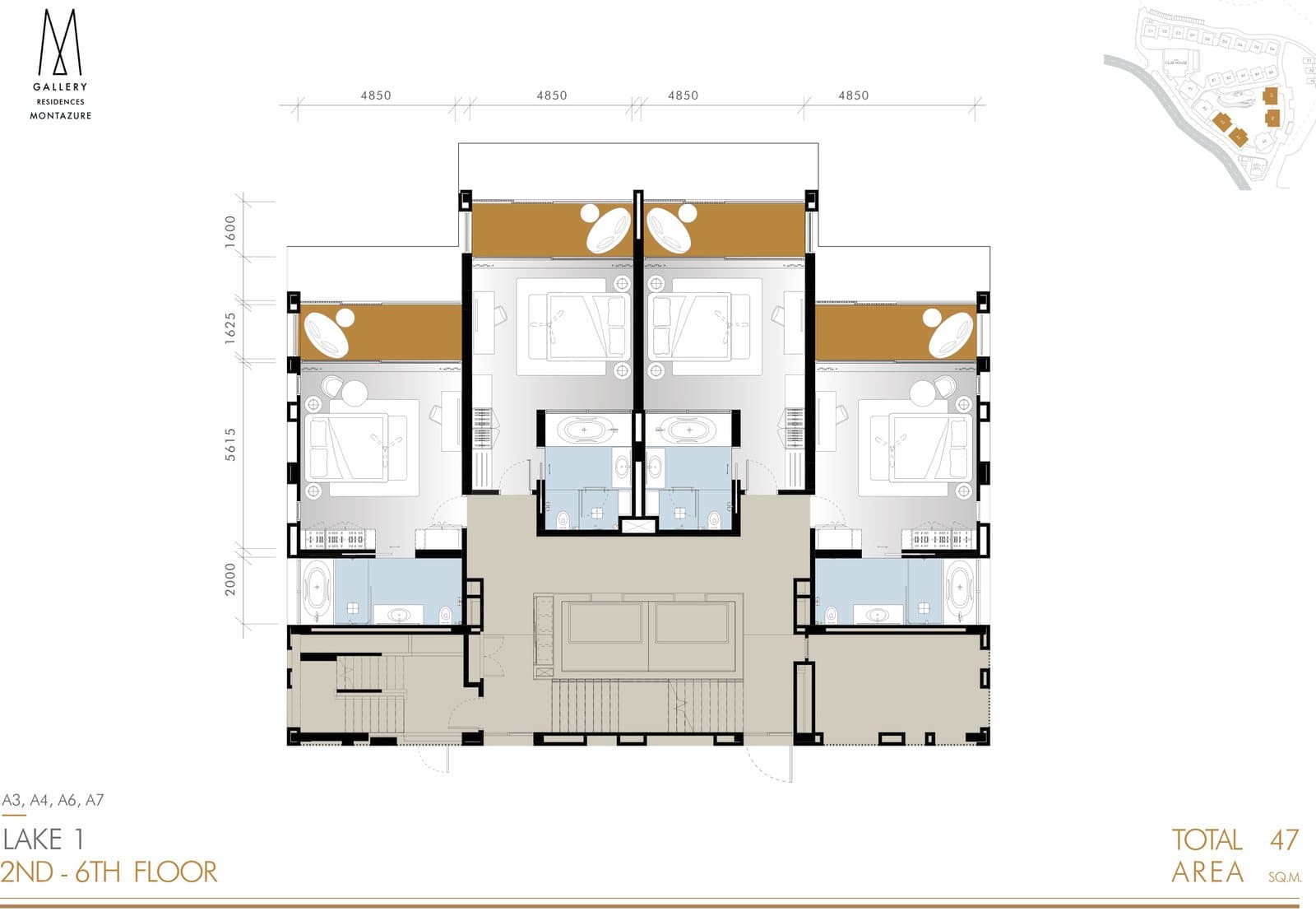 Developer's floor plan of a Lake 1 building at MGallery Residences MontAzure Lakeside, Kamala, Phuket: four studios of 47 square metres on each of floors 2 to 6