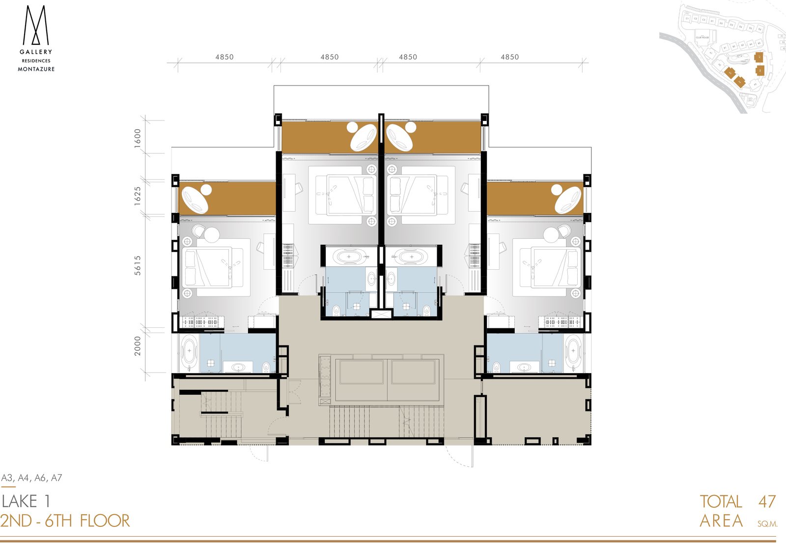 План застройщика: корпус Lake 1 в MGallery Residences MontAzure Lakeside, Kamala, Пхукет: четыре студии по 47 квадратных метров на каждом этаже со 2-го по 6-й